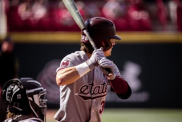 Mississippi State's Tanner Leggett drove in one of MSU's nine runs on Saturday. The Bulldogs went on to top South Carolina 9-6. (Photo courtesy of Mississippi State athletics)